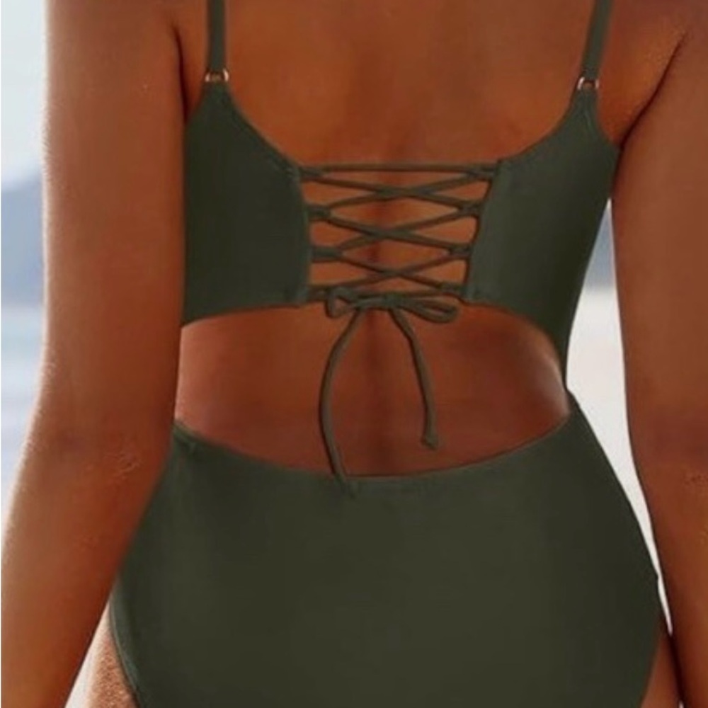 NWT Tempt Me Olive Green Cut Out One Piece Swimsuit Padded Back Lace Up Size Med